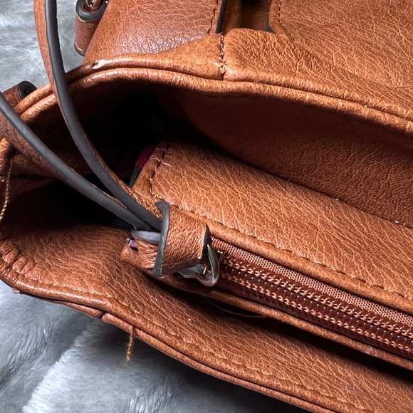 Vintage Style Tan Faux Leather Satchel Bag Plaid Lining Handle Shoulder Strap - Picture 7 of 13